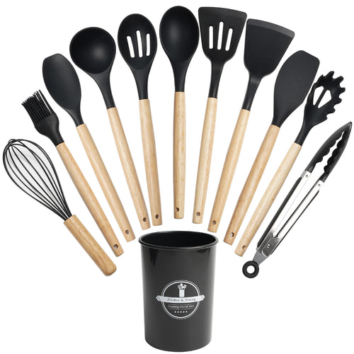 12-Piece Kitchen Gadgets Set - Non-Stick Silicone Utensils with Wood Handles, Dishwasher Safe for Everyday Cooking