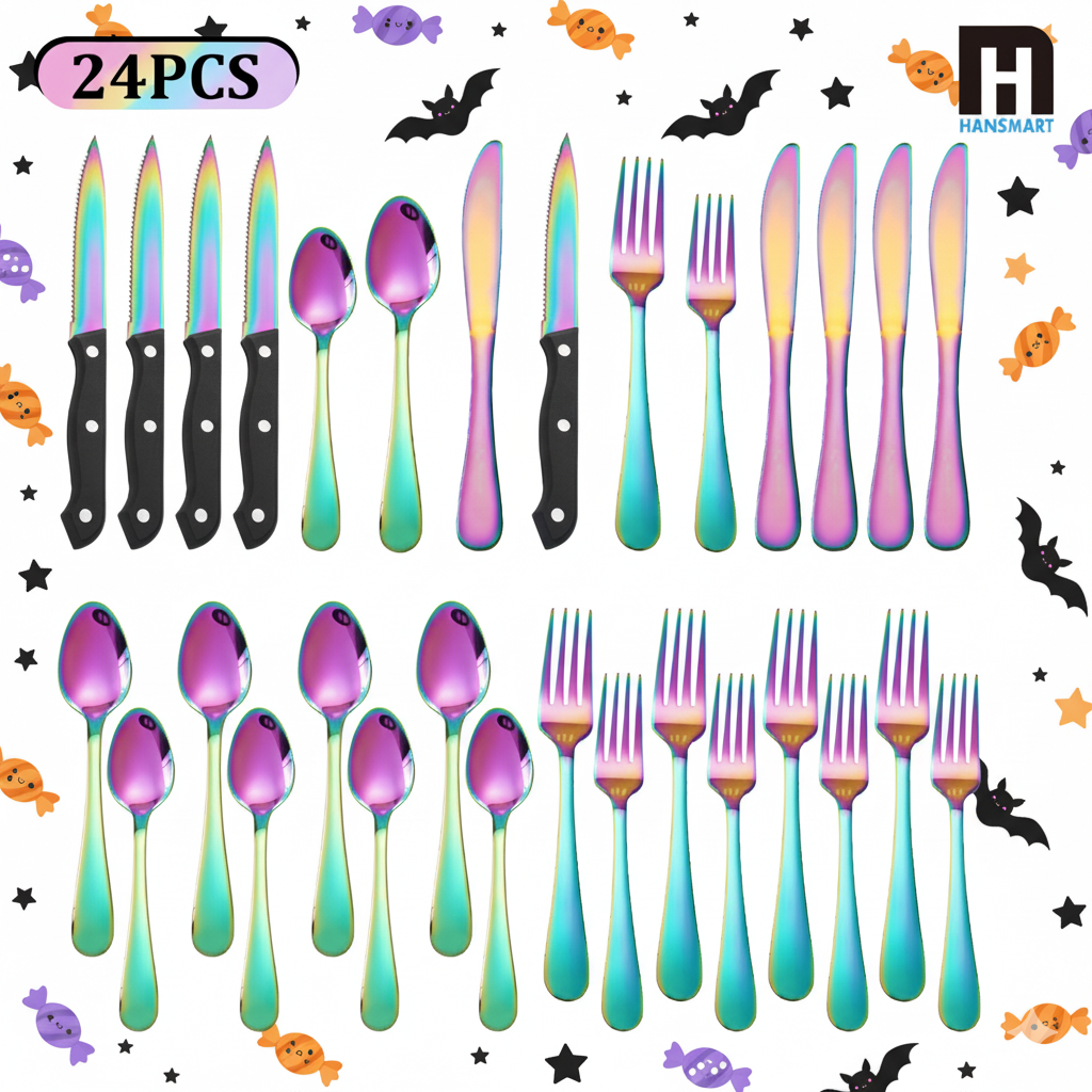 24 PCS Rainbow Cutlery Set,Stainless Steel Silverware Set with Steak Knife For 4, Ideal for Home, Kitchen, Celebrations