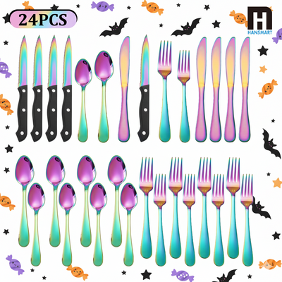 24 PCS Rainbow Cutlery Set,Stainless Steel Silverware Set with Steak Knife For 4, Ideal for Home, Kitchen, Celebrations