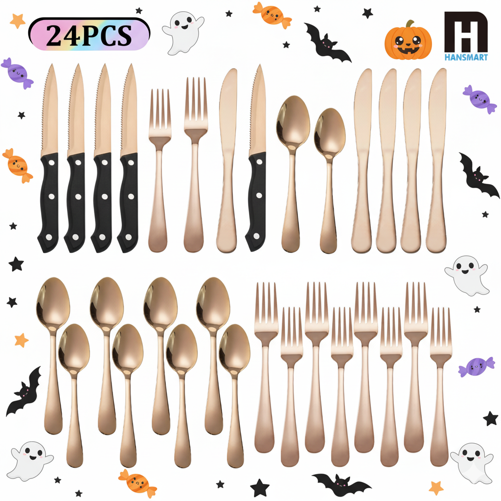 24 PCS Rose Gold  Flatware Set, Stainless Steel Silverware Set with Steak Knife For 4,  Ideal for Home, Kitchen