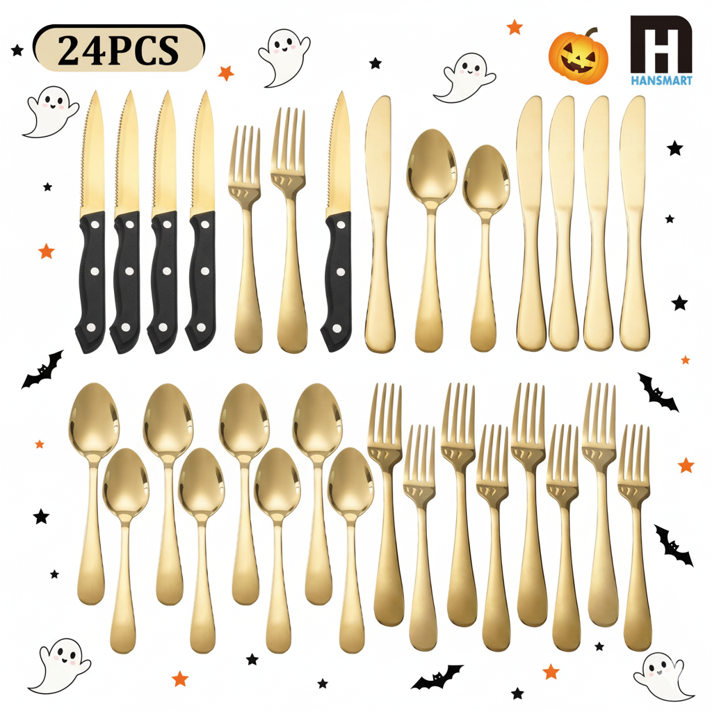 24 PCS Gold Silverware Set for 4 with Stainless Steel Flatware, elegant tableware, Dinner Utensils