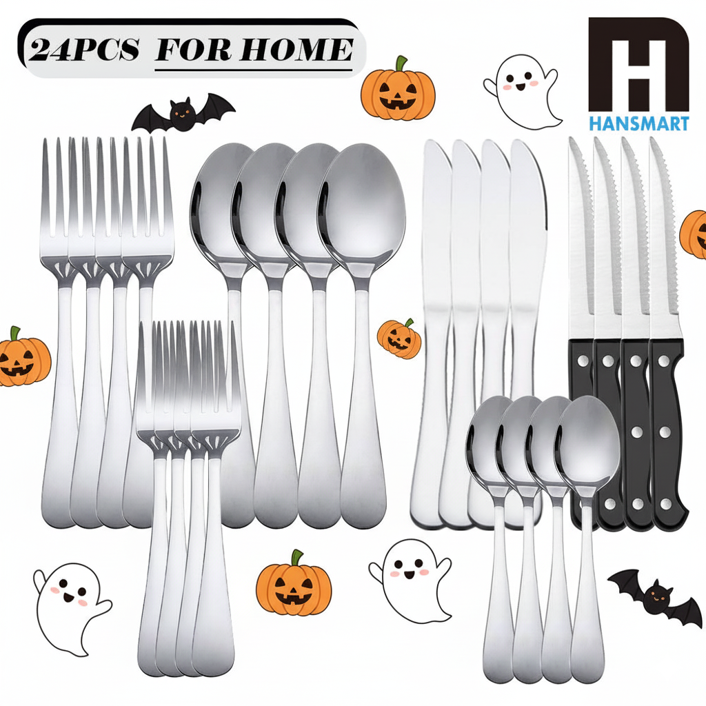 24/48 PCS Christmas Stainless Steel Cutlery Set, Flatware Set with Steak Knives, , Sliverware Set Dishwasher Safe