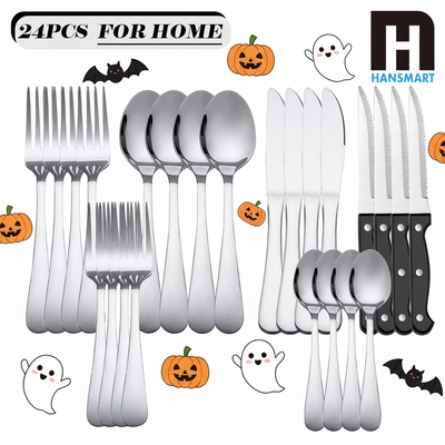24/48 PCS Christmas Stainless Steel Cutlery Set, Flatware Set with Steak Knives, , Sliverware Set Dishwasher Safe