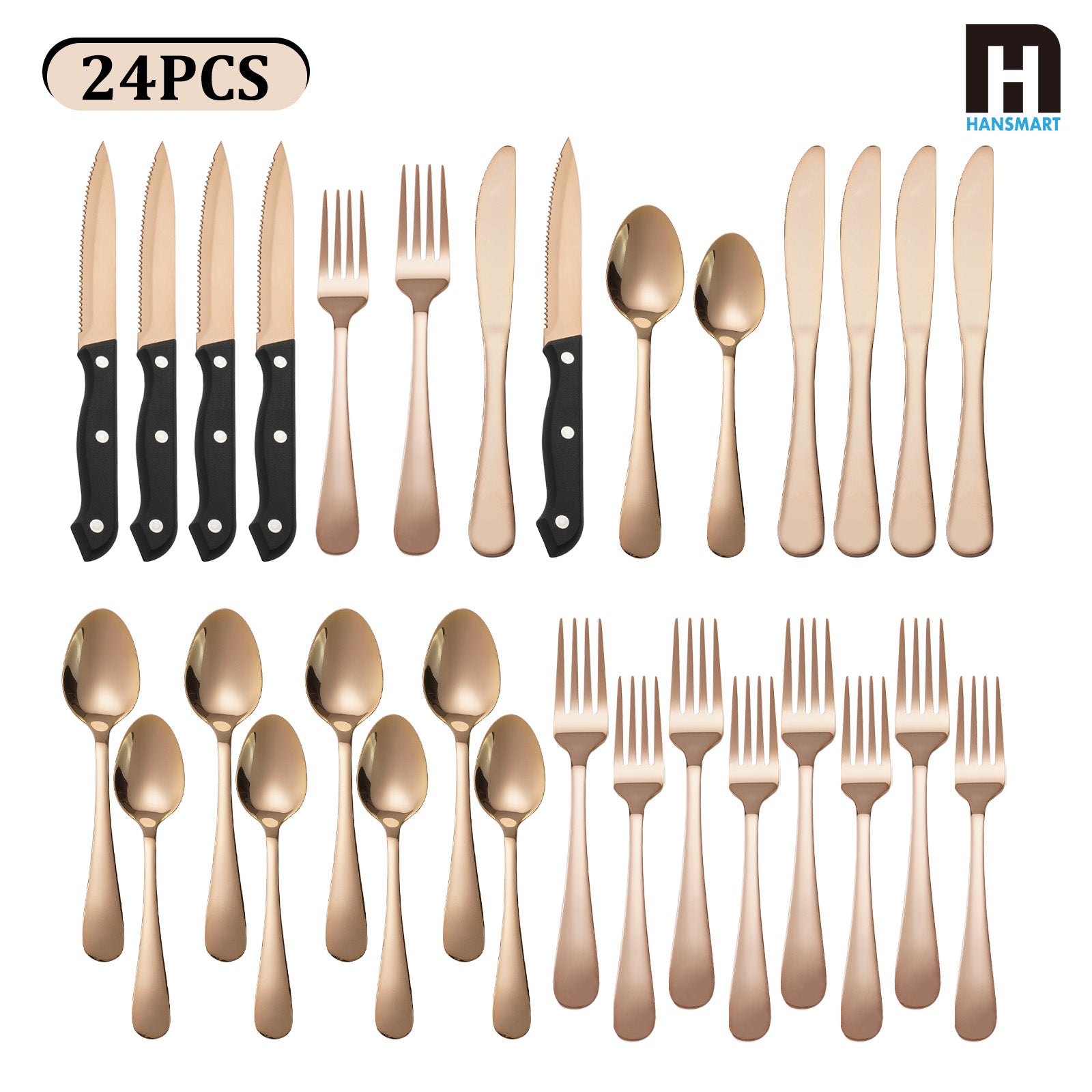 24 PCS Rose Gold  Flatware Set, Stainless Steel Silverware Set with Steak Knife For 4,  Ideal for Home, Kitchen