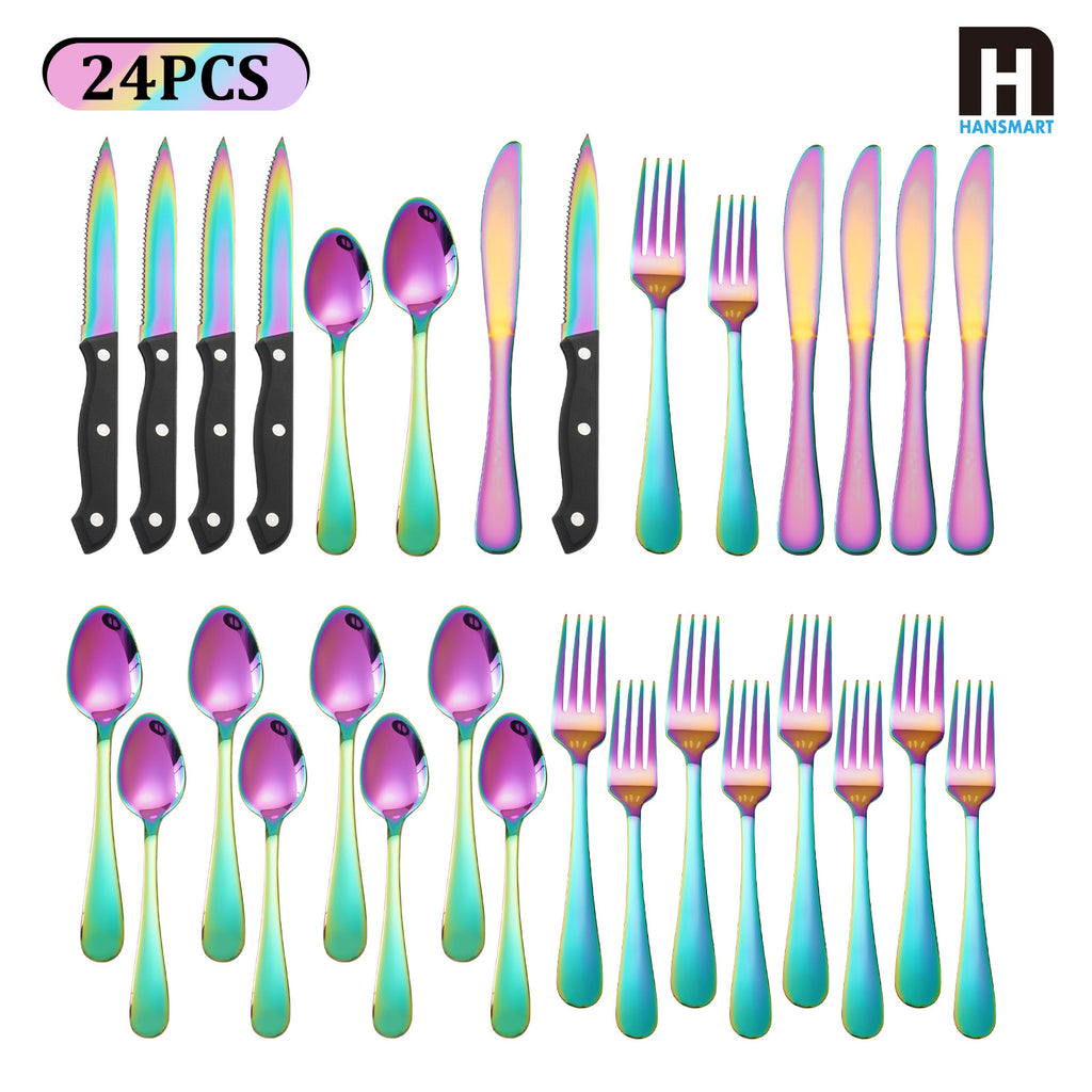 24 PCS Rainbow Cutlery Set,Stainless Steel Silverware Set with Steak Knife For 4, Ideal for Home, Kitchen, Celebrations