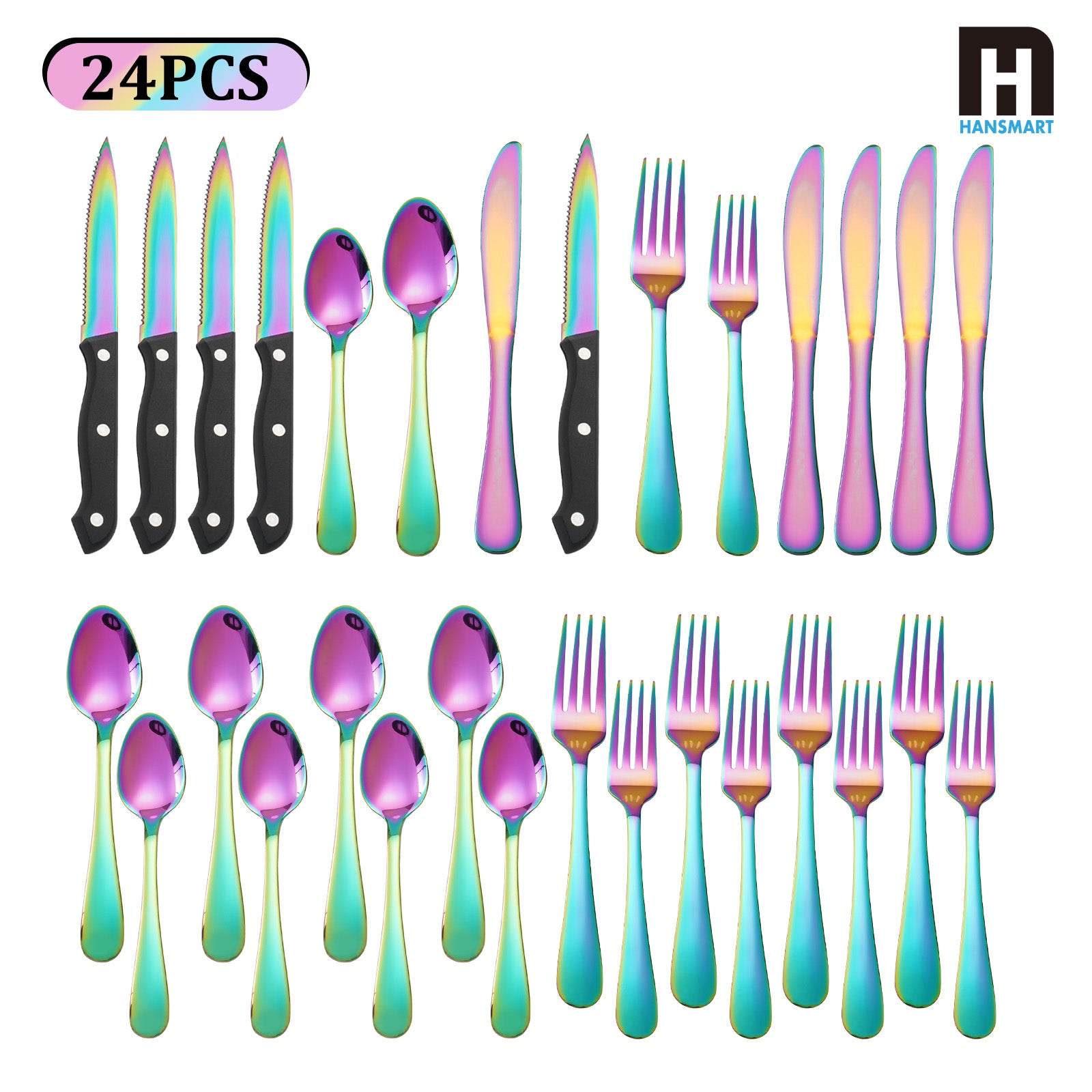 24 PCS Rainbow Cutlery Set,Stainless Steel Silverware Set with Steak Knife For 4, Ideal for Home, Kitchen, Celebrations