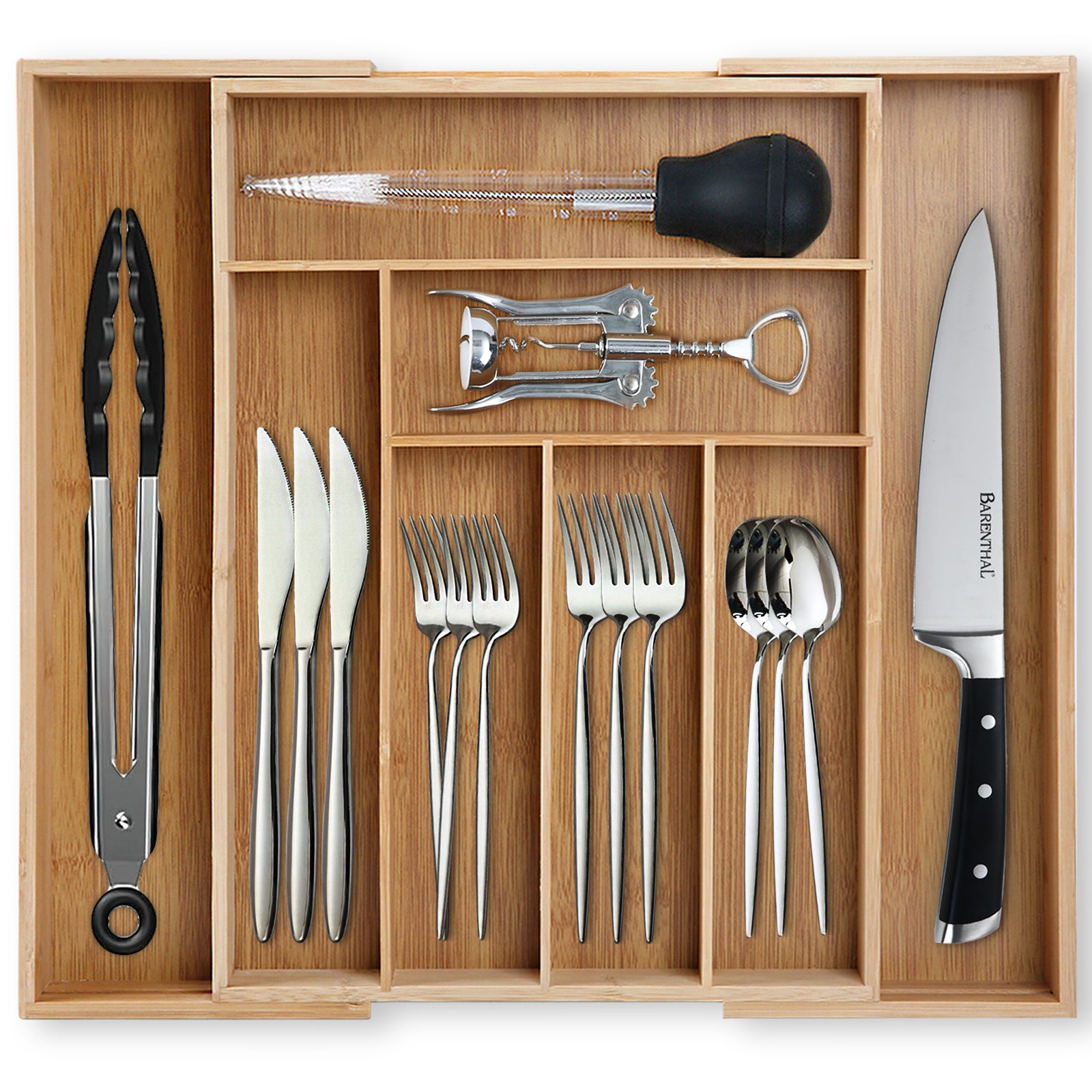 Adjustable Bamboo Cutlery Drawer Organizer - Expandable Utensils Tray for Kitchen, Easy to Clean & Modern Design