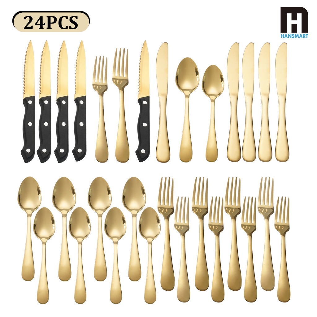 24 PCS Gold Silverware Set for 4 with Stainless Steel Flatware, elegant tableware, Dinner Utensils