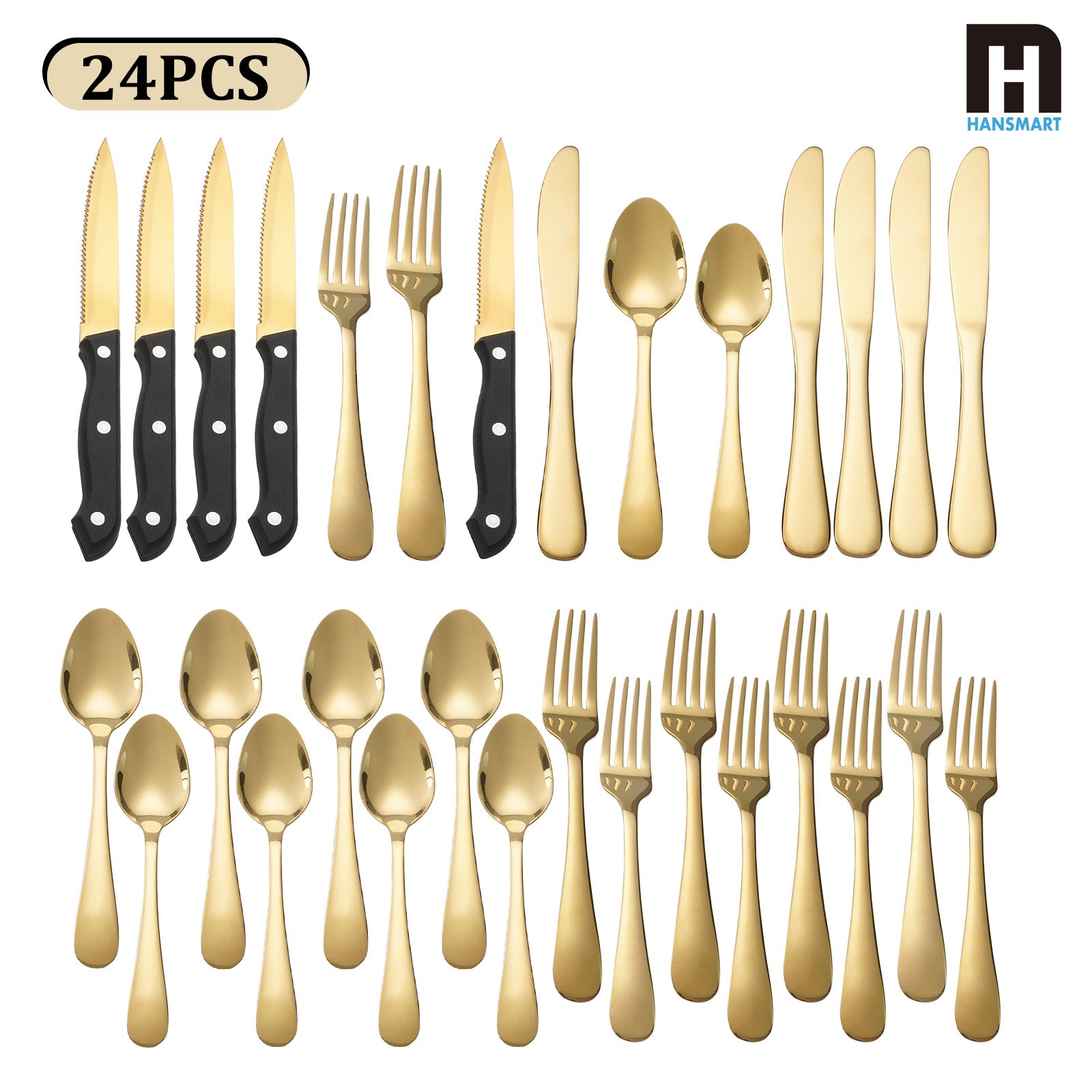 24 PCS Gold Silverware Set for 4 with Stainless Steel Flatware, elegant tableware, Dinner Utensils