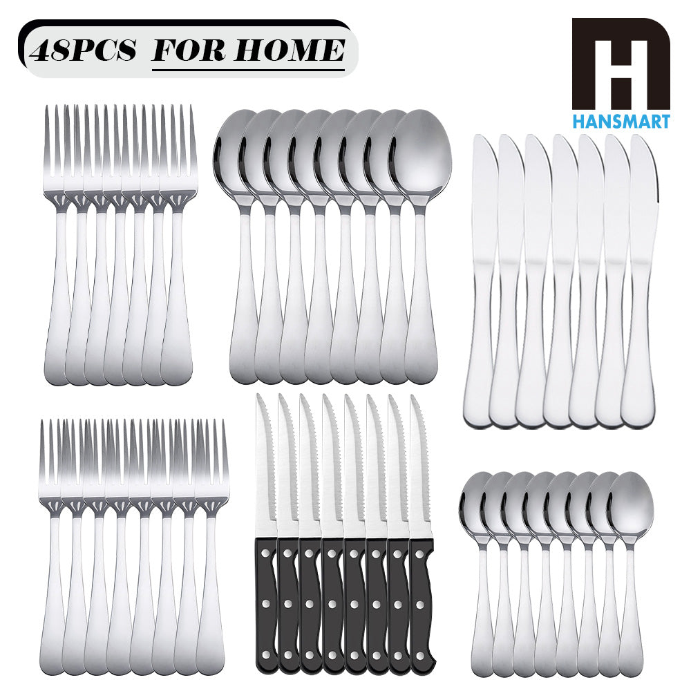 24/48 PCS Christmas Stainless Steel Cutlery Set, Flatware Set with Steak Knives, , Silverware Set Dishwasher Safe