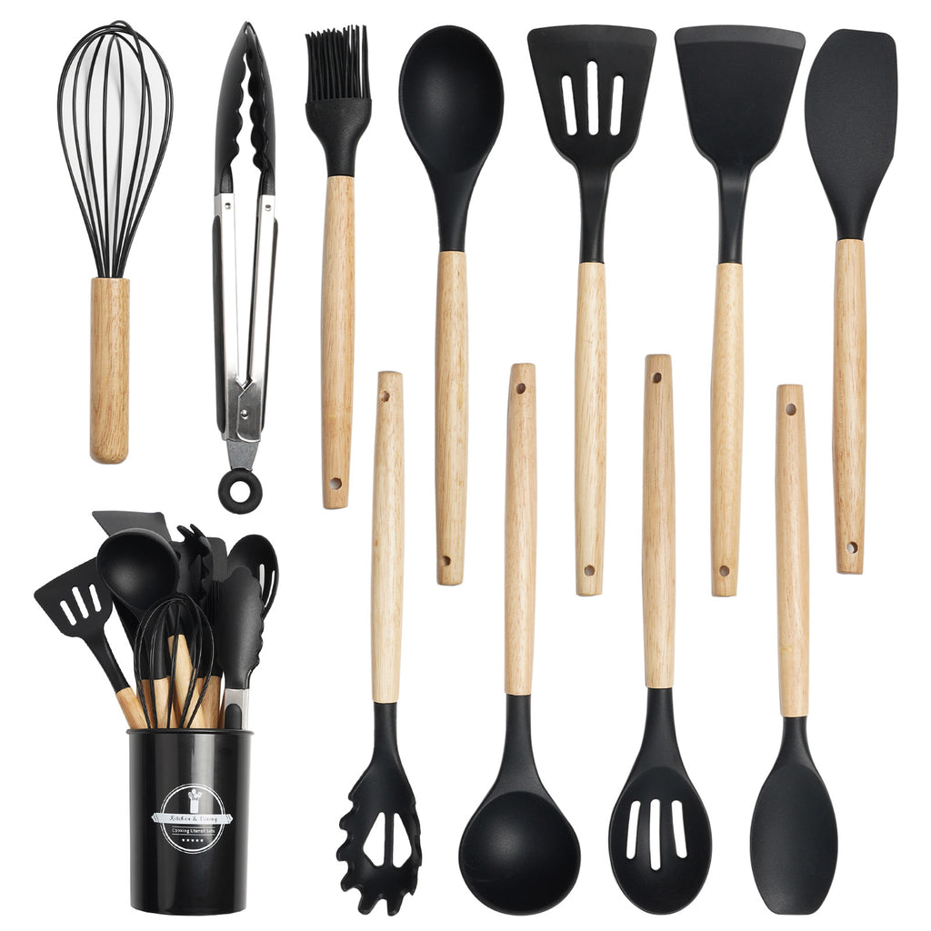 12-Piece Kitchen Gadgets Set - Non-Stick Silicone Utensils with Wood Handles, Dishwasher Safe for Everyday Cooking