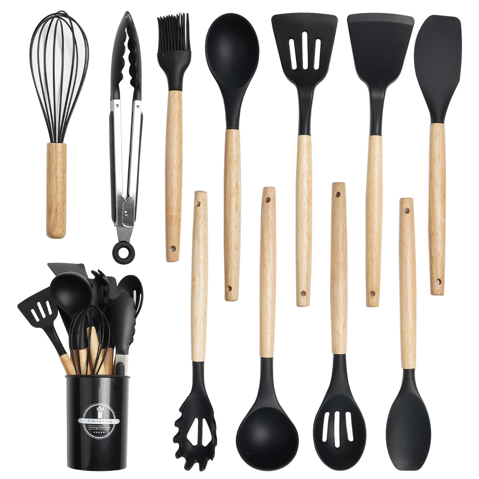 12-Piece Kitchen Gadgets Set - Non-Stick Silicone Utensils with Wood Handles, Dishwasher Safe for Everyday Cooking