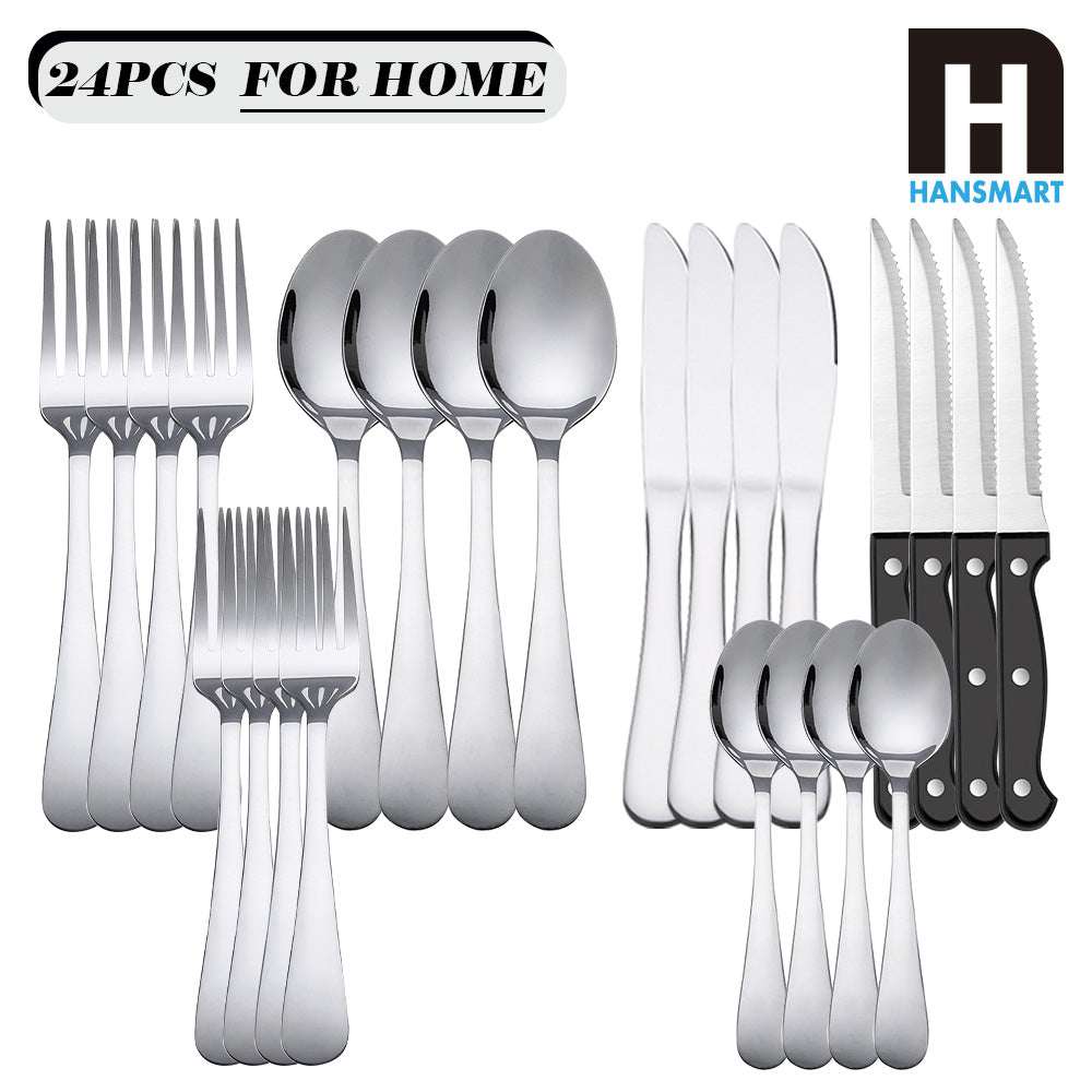 24/48 PCS Christmas Stainless Steel Cutlery Set, Flatware Set with Steak Knives, , Sliverware Set Dishwasher Safe