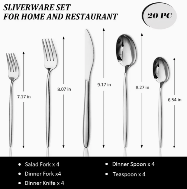 20PCS Silverware Set Stainless Steel Flatware Set, Service for 4, Includes Knife Fork Spoon Cutlery Set, Dishwasher Safe, perfect for Holidays & Special Occasions family, party