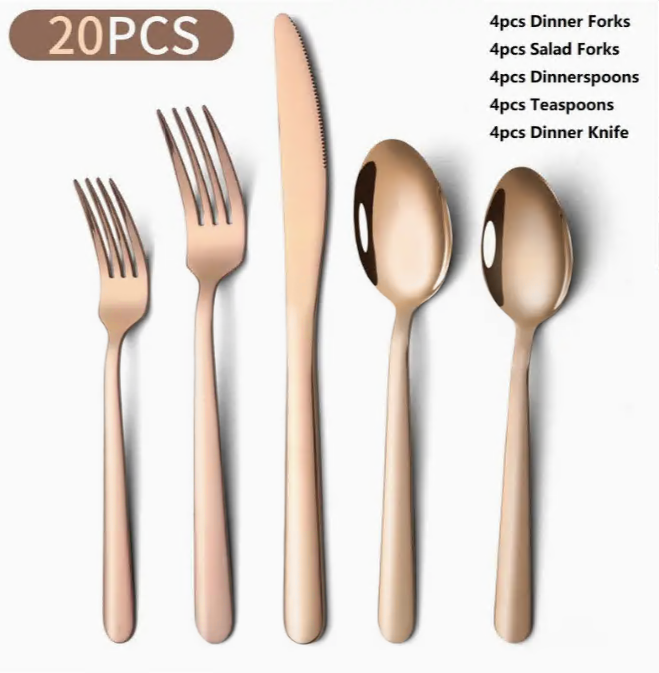 20pcs Flatware Set for 4, Stainless Steel Flatware Set, Stainless Steel Silverware Set Cutlery Sets, restaurant supplies include dining knife, fork, spoon, Dishwasher Safe, family, party, Service for 4