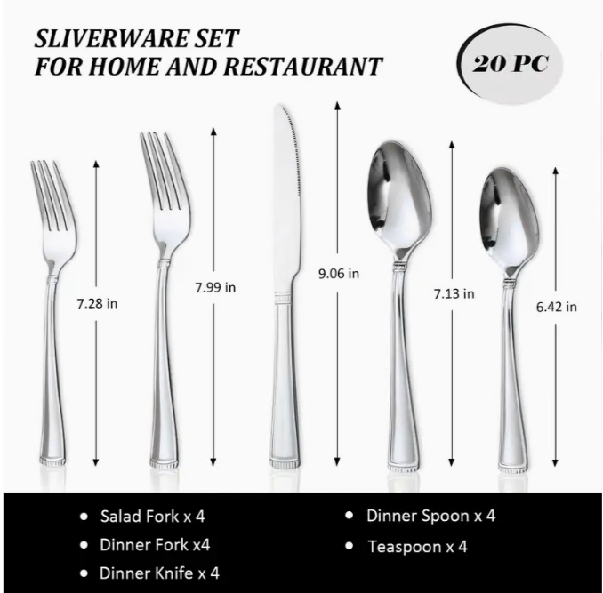 20Piece - Silverware set Stainless Steel Flatware Set for 4 People - Tableware Set Includes Knife Fork Spoon, Cutlery Set Dishwasher Safe, Ideal for Restaurants, Homes, Parties, Weddings, Mirror Tableware Set