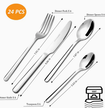 24Piece - Silverware set Stainless Steel Flatware Set for 6 People - Tableware Set Includes Knife Fork Spoon, Cutlery Set Dishwasher Safe, Ideal for Restaurants, Homes, Parties, Weddings, Mirror Tableware Set