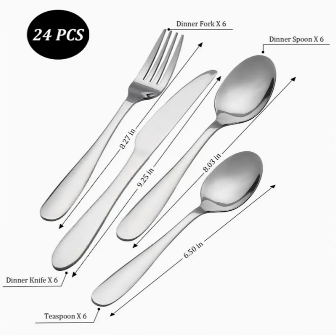 24Piece Stainless Steel Flatware Set for 6 People, Silverware set Sleek & Durable Utensils For Wedding Dinning Household Hotel Kitchen And Dinning Restaurant Tableware, For Halloween, Christmas, Thanksgiving