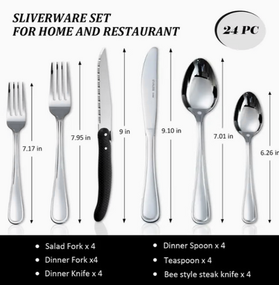 24PCS Christmas Stainless Steel Cutlery Set, Flatware Set with Steak Knives, Tableware Set Serve for 4, Sliverware Set Dishwasher Safe for Home, Kitchen, Restaurant, Parties, Beer Festivals, Thanksgiving, Easter, Christmas