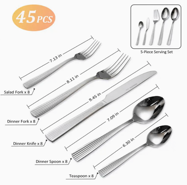 45pcs stainless steel tableware set for 8 People, Silverware Set, Luxury Cutlery Set With Unique Design, mirror polish, dishwasher Safe, party, restaurant supplies include dining knife, fork, spoon, perfect for Holidays & Special Occasions