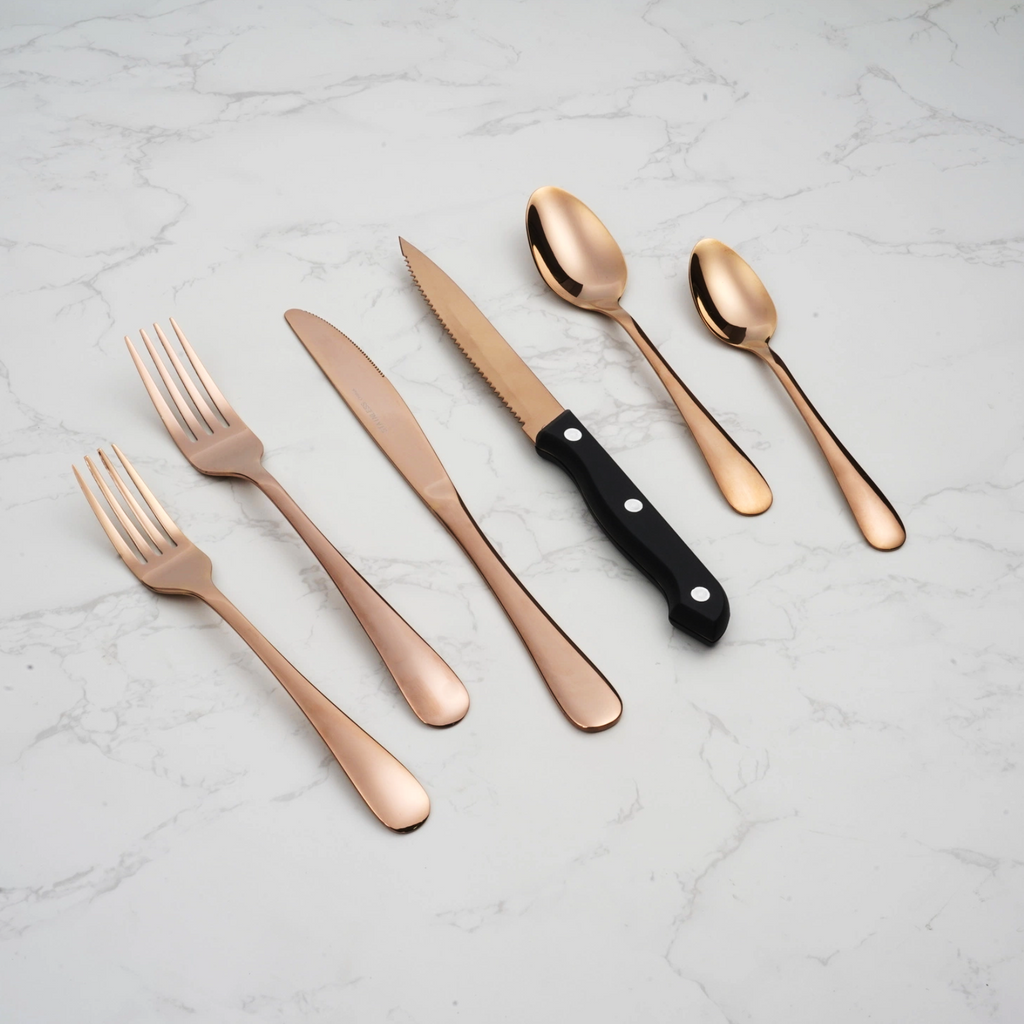 24-Piece Rose Gold Flatware Set with Steak Knives, Stainless Steel Silverware Set for 4, Ideal for Home and Kitchen