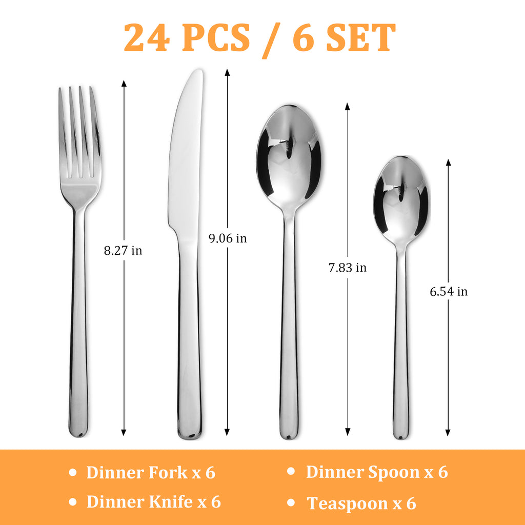 24-Piece Stainless Steel Flatware Set for 6 - Mirror Polished Silverware Cutlery Set, Dishwasher Safe