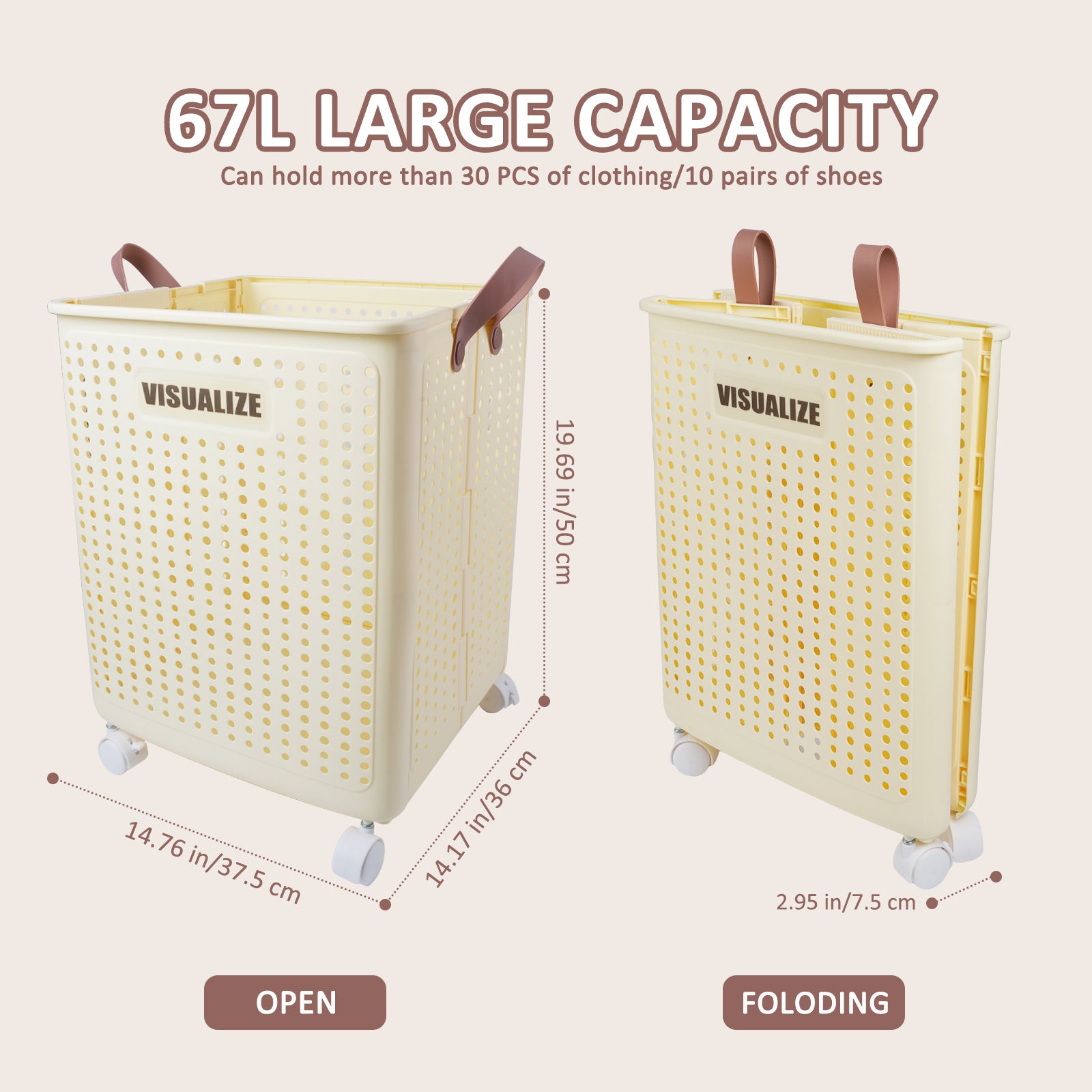 Foldable 67L Laundry Storage Basket - Wheeled, Breathable & Easy to Clean