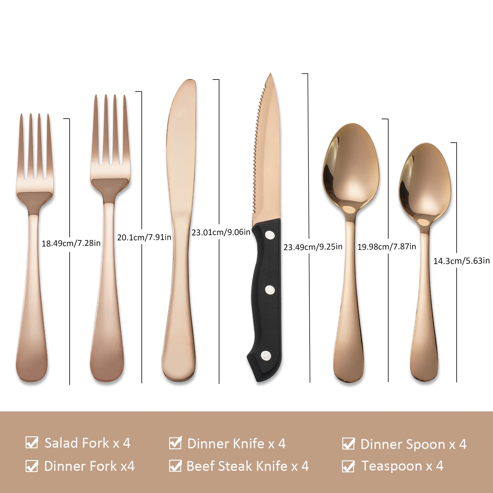 24 PCS Rose Gold  Flatware Set, Stainless Steel Silverware Set with Steak Knife For 4,  Ideal for Home, Kitchen