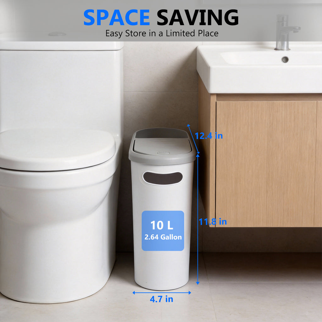 2-Pack 10L Slim Trash Can with Press Lid - Odor Control, Waterproof for Bathroom & Kitchen