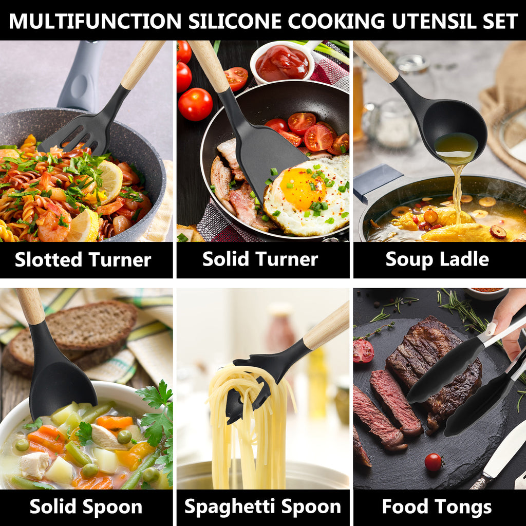 12-Piece Kitchen Gadgets Set - Non-Stick Silicone Utensils with Wood Handles, Dishwasher Safe for Everyday Cooking