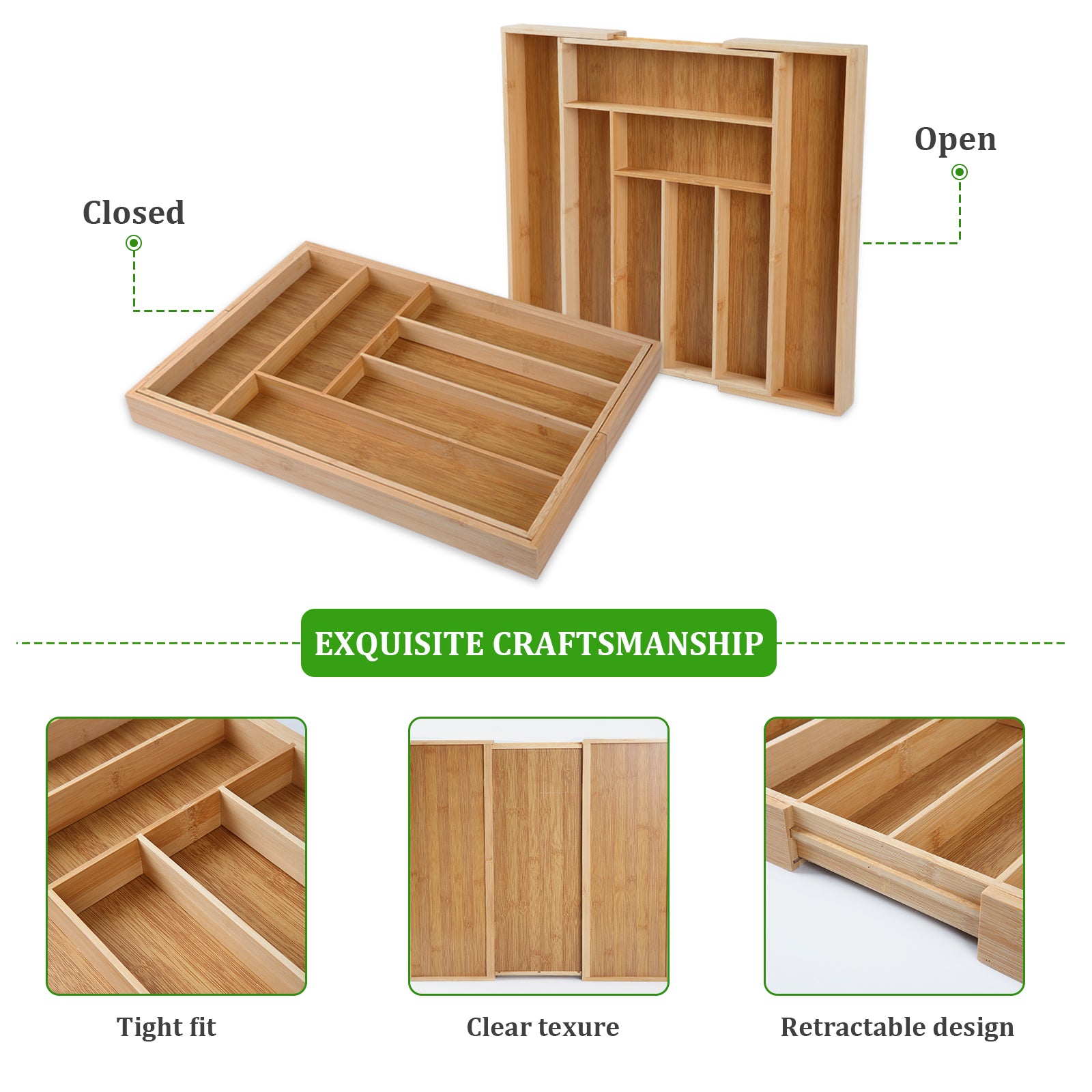 Adjustable Bamboo Cutlery Drawer Organizer - Expandable Utensils Tray for Kitchen, Easy to Clean & Modern Design