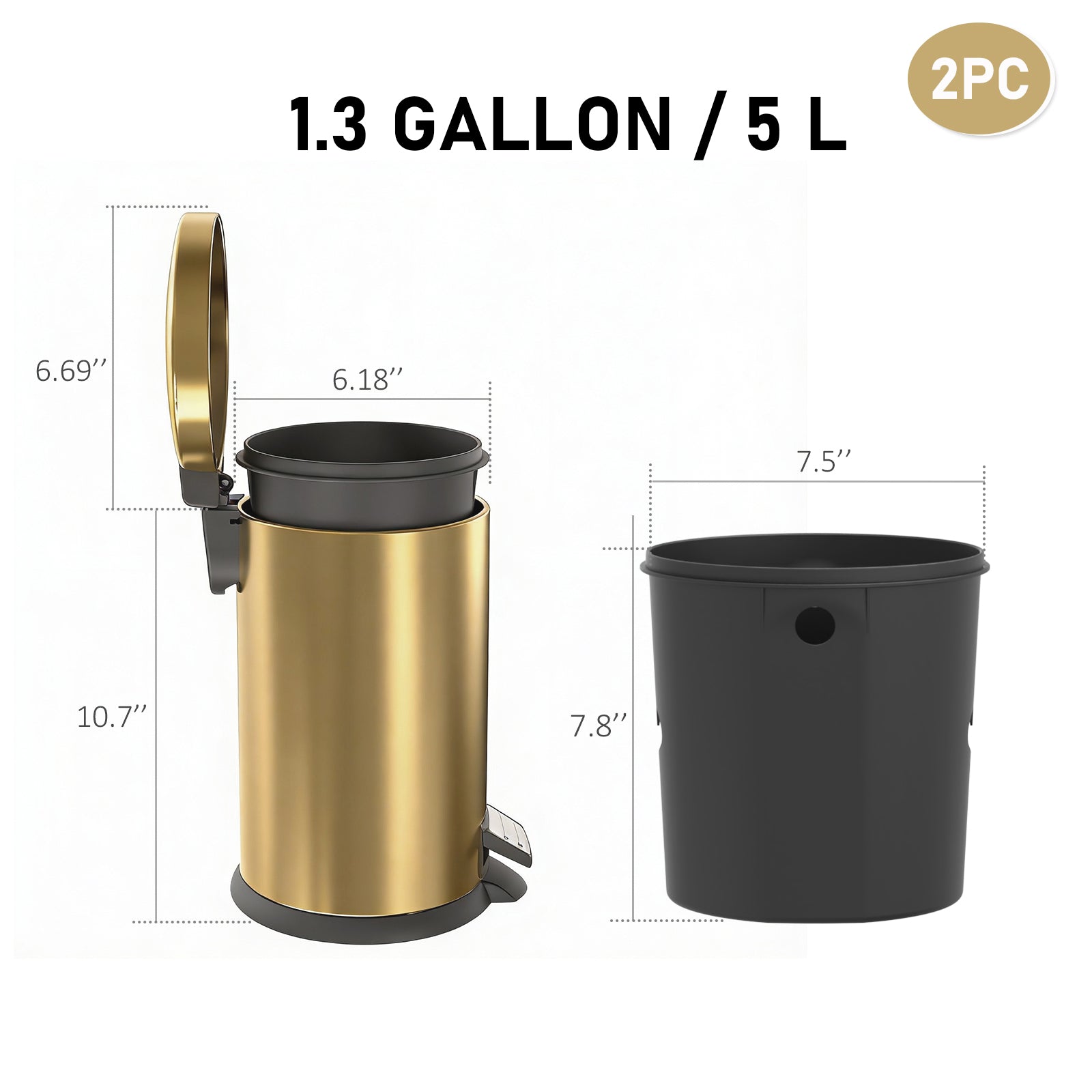 2-Piece 5L Stainless Steel Oval Kitchen Trash Can – Silver & Gold