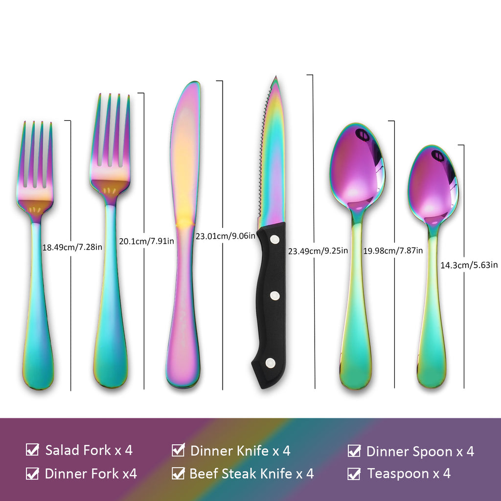 24 PCS Rainbow Cutlery Set,Stainless Steel Silverware Set with Steak Knife For 4, Ideal for Home, Kitchen, Celebrations