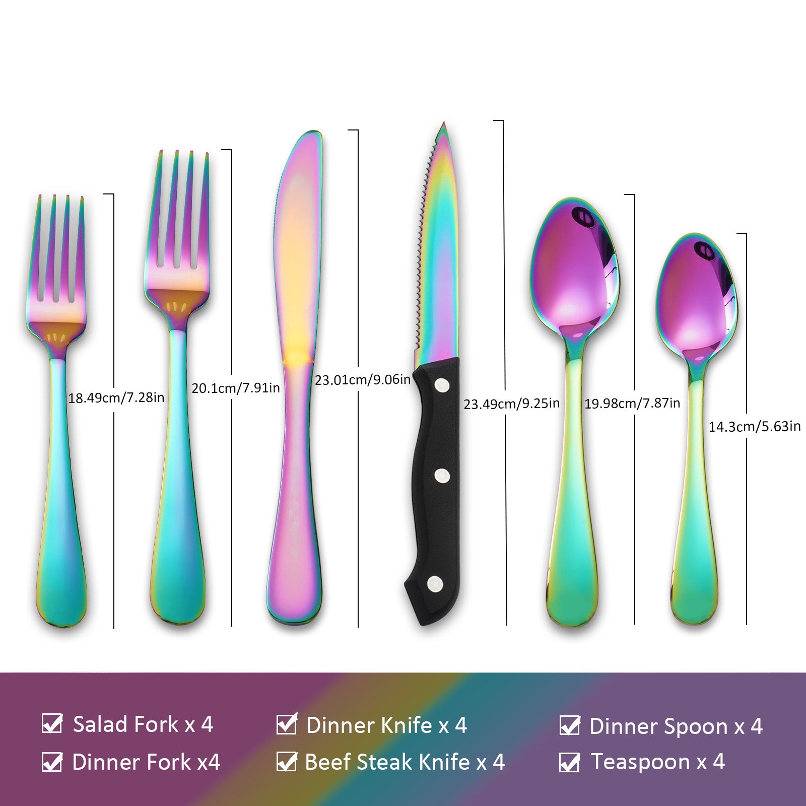 24 PCS Rainbow Cutlery Set,Stainless Steel Silverware Set with Steak Knife For 4, Ideal for Home, Kitchen, Celebrations
