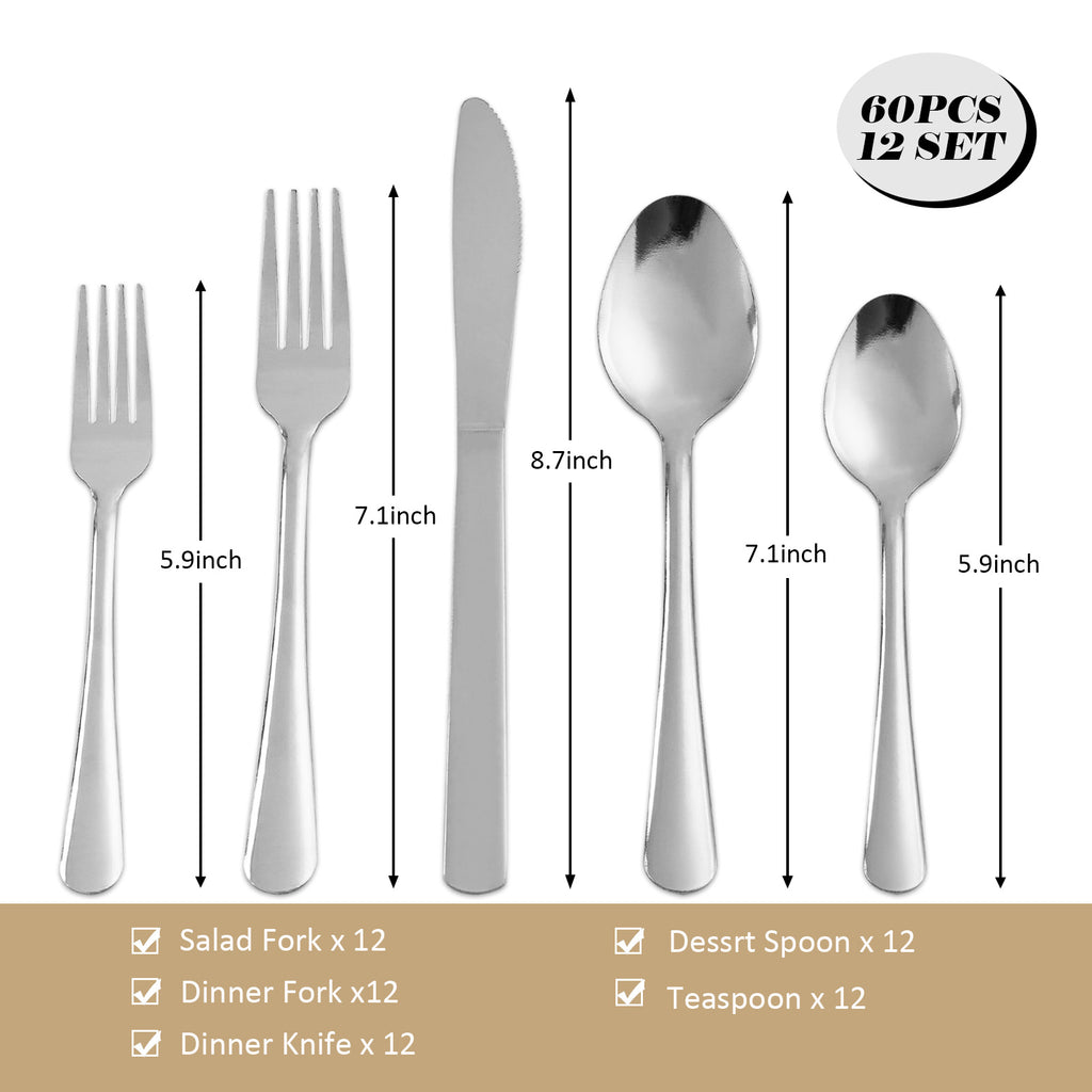 Premium 60 Piece Stainless Steel Dinnerware Set for 12 - Sturdy Mirror Polished Cutlery, Dishwasher Safe