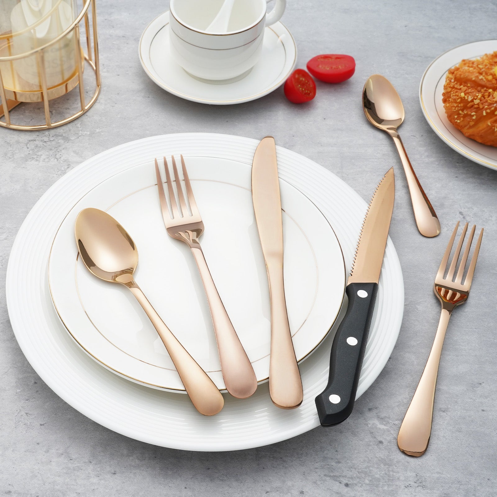 24 PCS Rose Gold  Flatware Set, Stainless Steel Silverware Set with Steak Knife For 4,  Ideal for Home, Kitchen