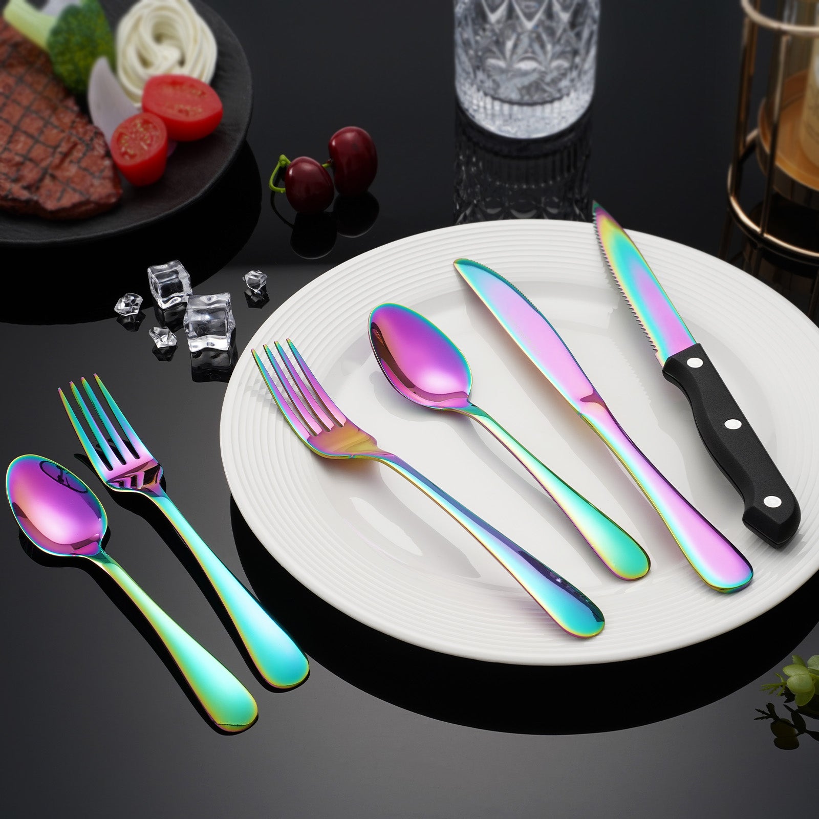 24 PCS Rainbow Cutlery Set,Stainless Steel Silverware Set with Steak Knife For 4, Ideal for Home, Kitchen, Celebrations