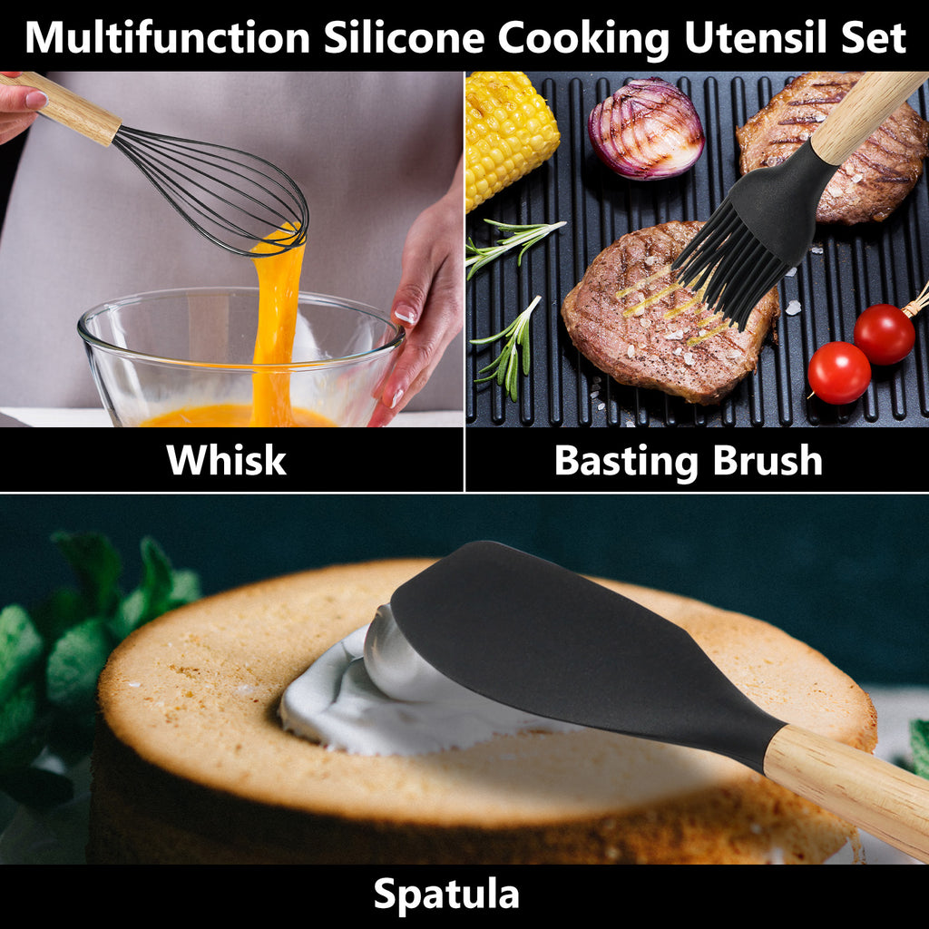 12-Piece Kitchen Gadgets Set - Non-Stick Silicone Utensils with Wood Handles, Dishwasher Safe for Everyday Cooking