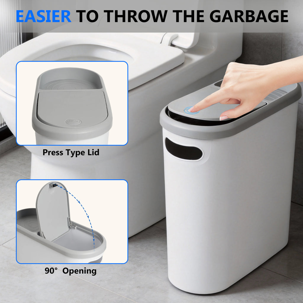 2-Pack 10L Slim Trash Can with Press Lid - Odor Control, Waterproof for Bathroom & Kitchen