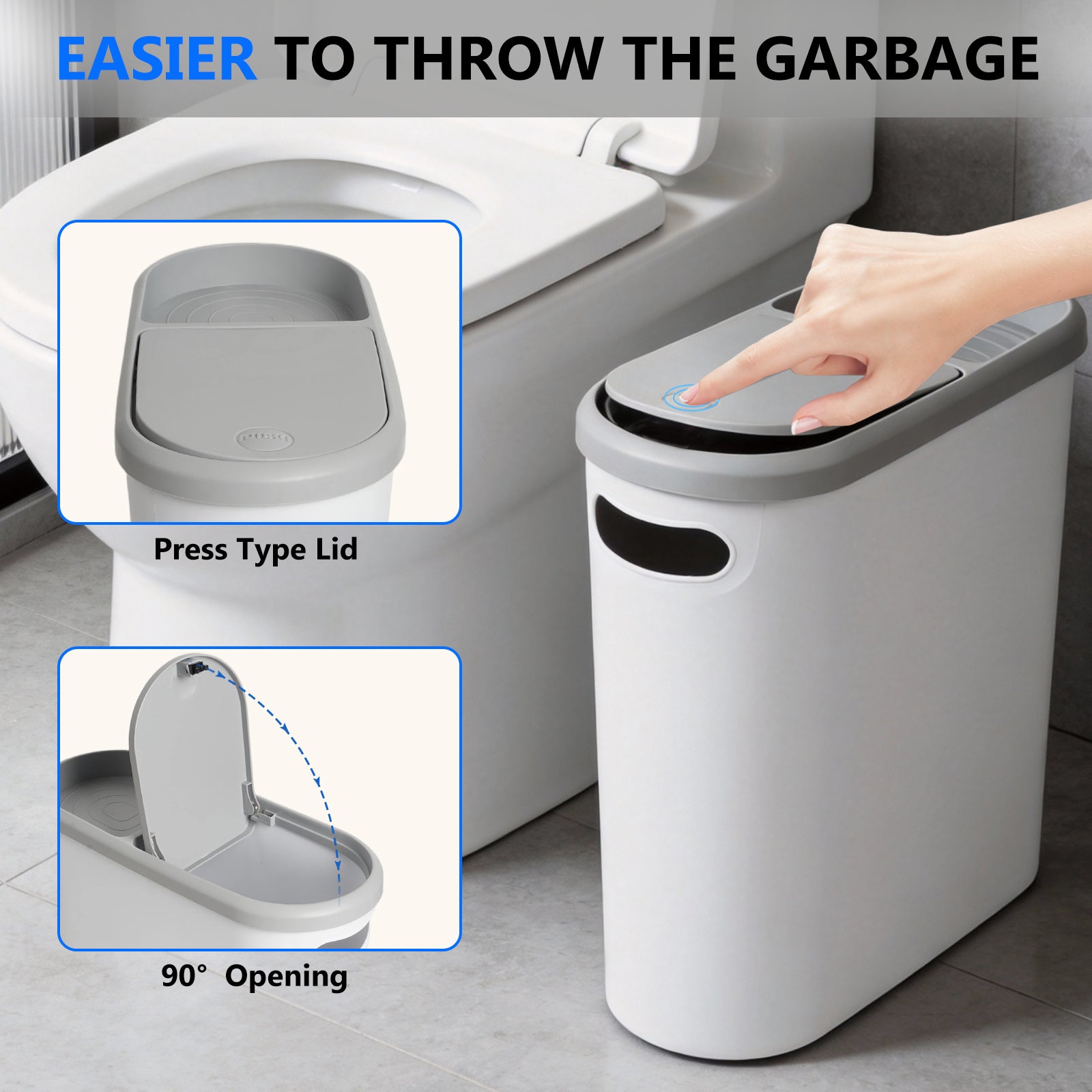 2-Pack 10L Slim Trash Can with Press Lid - Odor Control, Waterproof for Bathroom & Kitchen