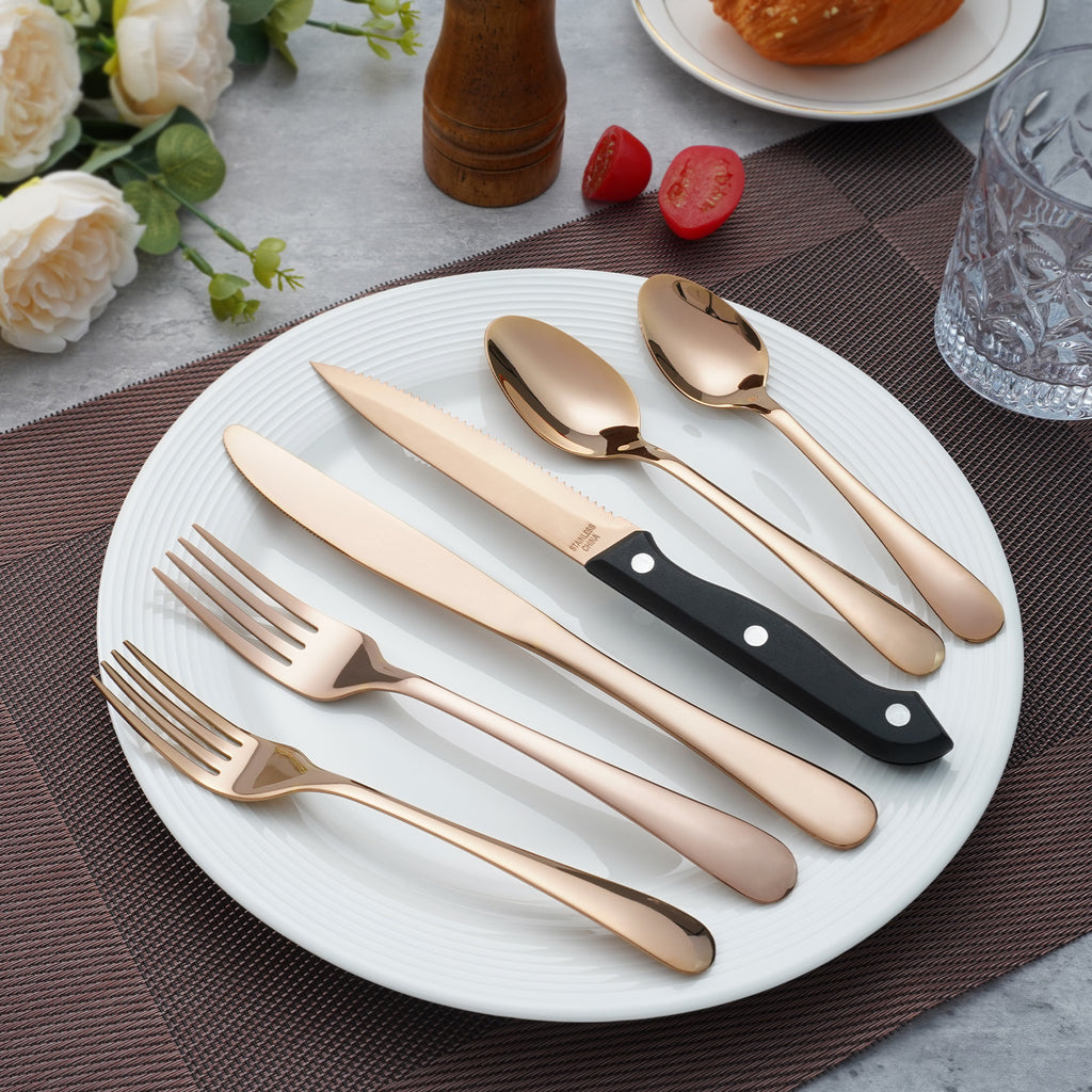 24-Piece Rose Gold Flatware Set with Steak Knives, Stainless Steel Silverware Set for 4, Ideal for Home and Kitchen