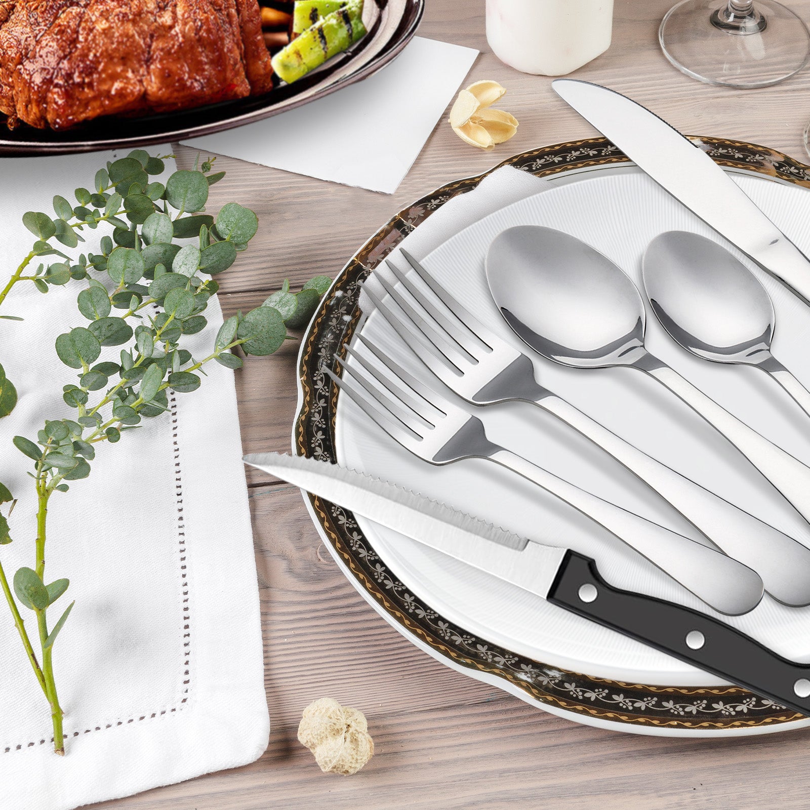 24/48 PCS Christmas Stainless Steel Cutlery Set, Flatware Set with Steak Knives, , Silverware Set Dishwasher Safe