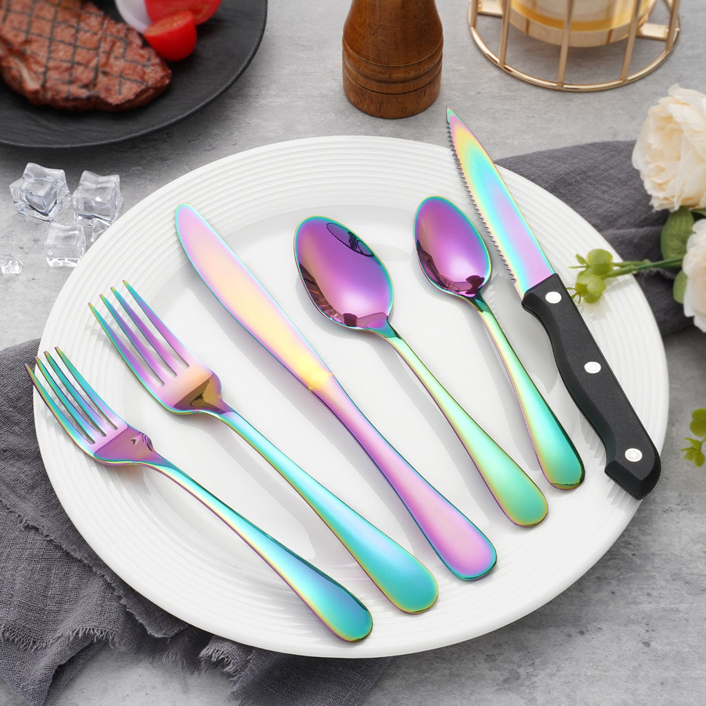 24 PCS Rainbow Cutlery Set,Stainless Steel Silverware Set with Steak Knife For 4, Ideal for Home, Kitchen, Celebrations