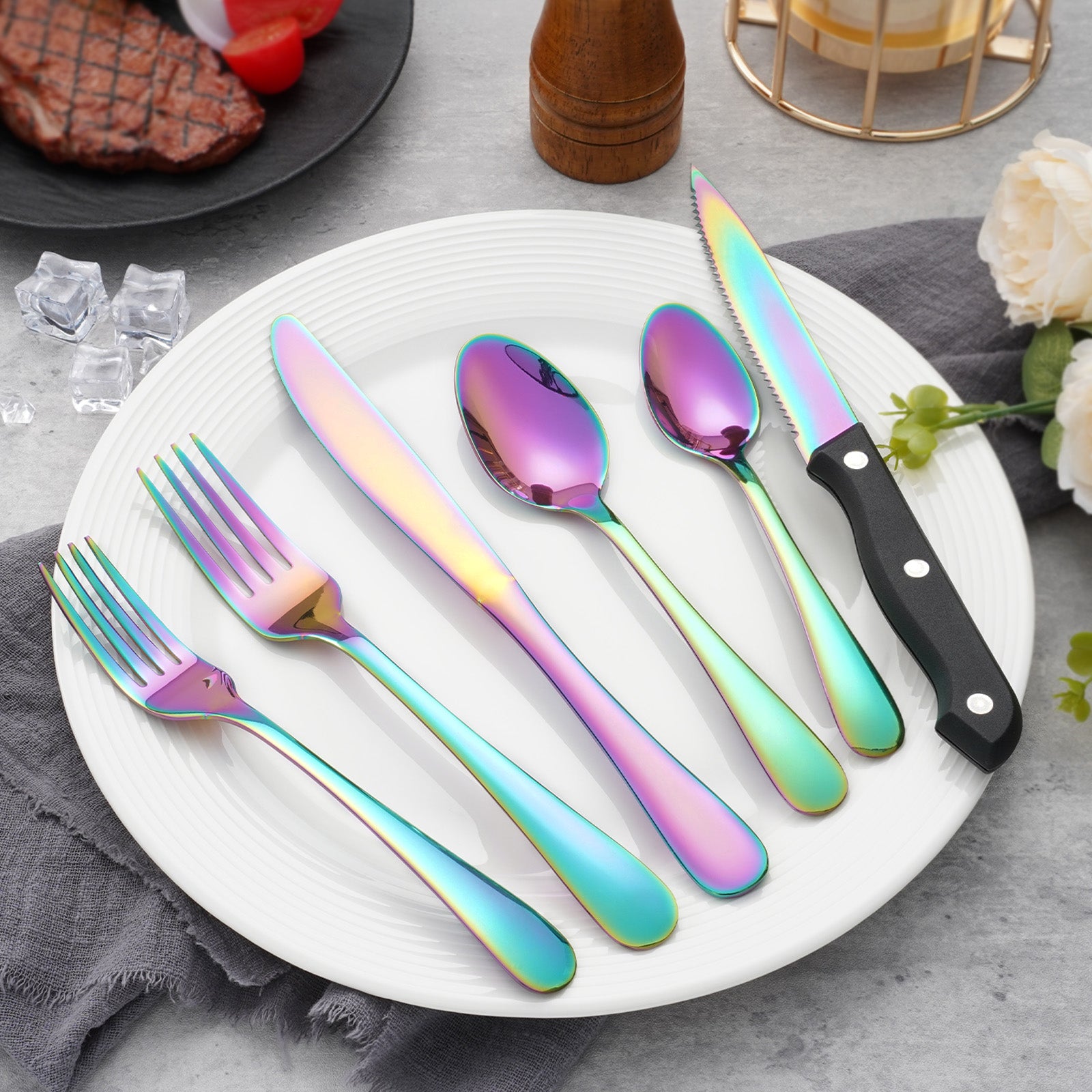 24 PCS Rainbow Cutlery Set,Stainless Steel Silverware Set with Steak Knife For 4, Ideal for Home, Kitchen, Celebrations