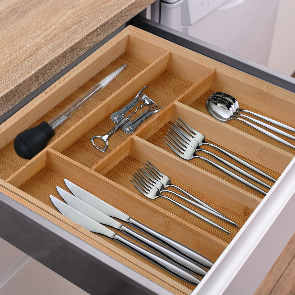 Adjustable Bamboo Cutlery Drawer Organizer - Expandable Utensils Tray for Kitchen, Easy to Clean & Modern Design