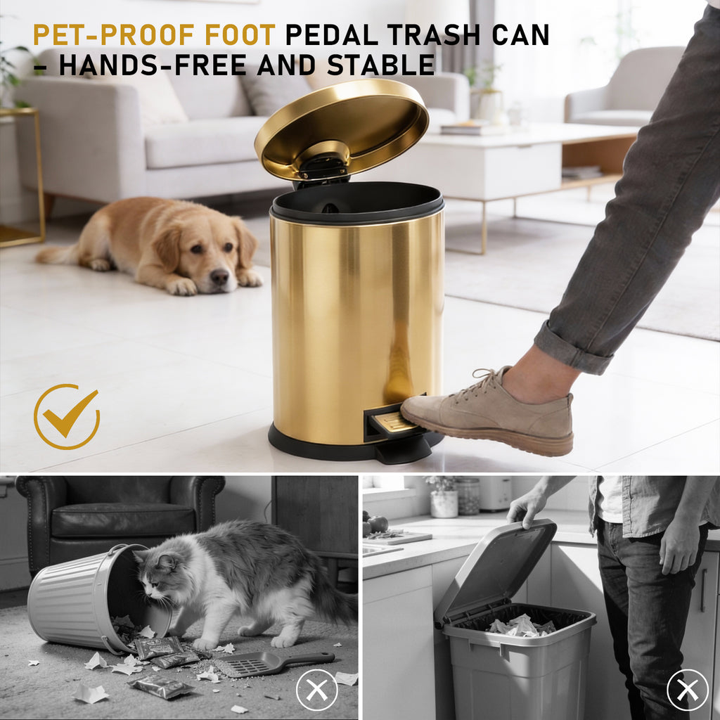 2-Piece 5L Stainless Steel Oval Kitchen Trash Can – Silver & Gold
