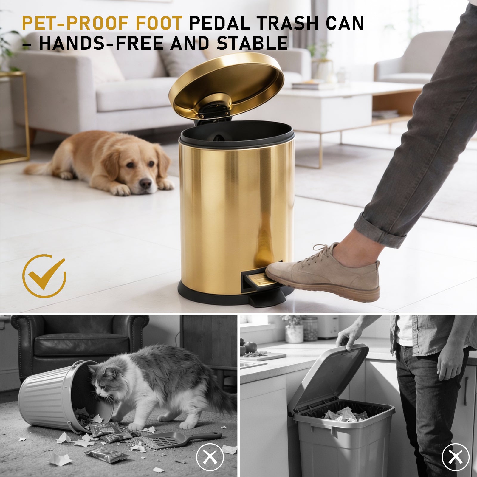 2-Piece 5L Stainless Steel Oval Kitchen Trash Can – Silver & Gold