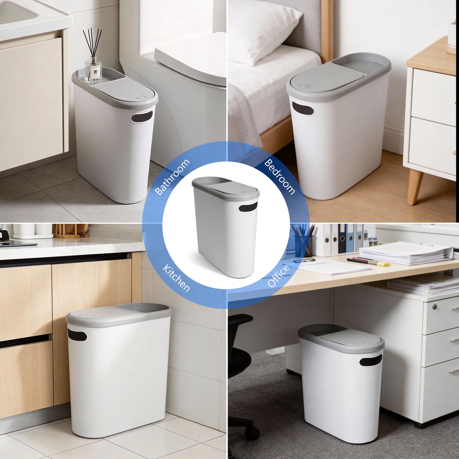 2-Pack 10L Slim Trash Can with Press Lid - Odor Control, Waterproof for Bathroom & Kitchen