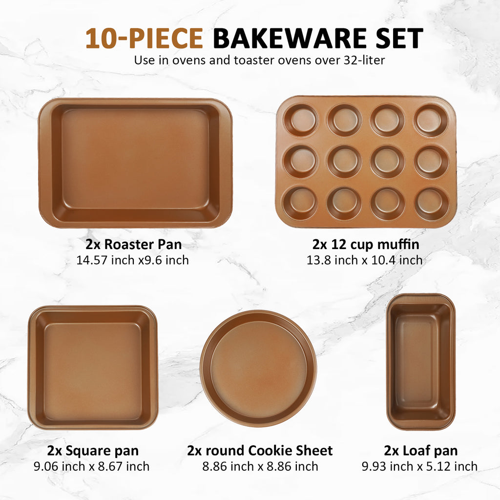 10-Piece Nonstick Carbon Steel Bakeware Set – Oven Safe Pans, Cookie Sheets, Muffin & Loaf Trays for Home Bakers