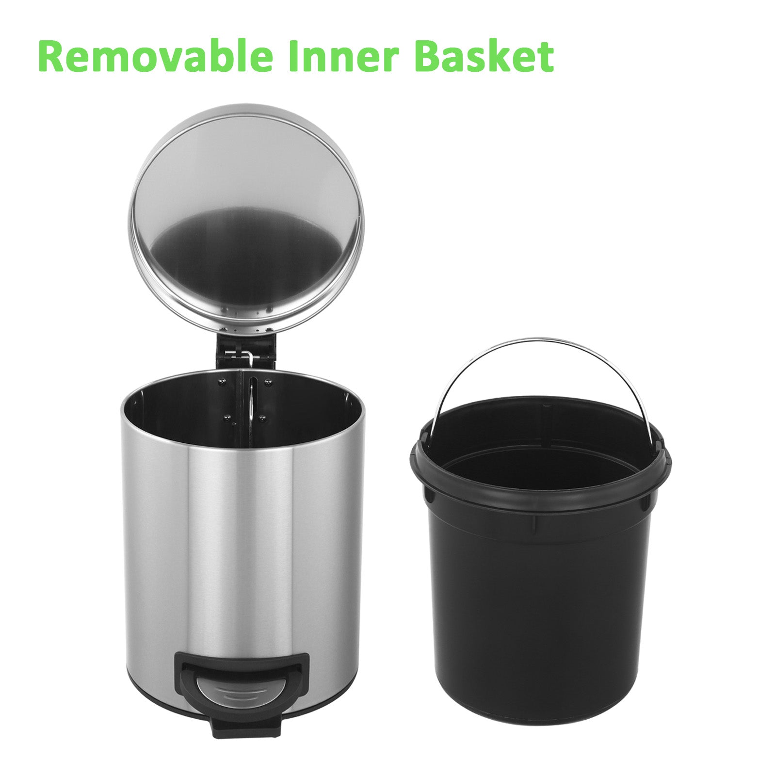 2Pack- 5L/ 1.3 Gallon Premium Stainless Steel Trash Can, Small Round Garbage Can